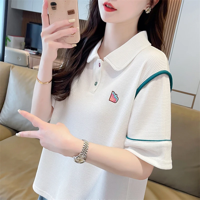 2025夏季新款华夫格小众女装POLO设计感时尚小个子T恤上衣打底衫