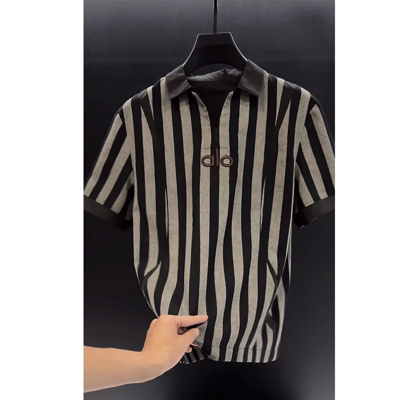欧洲站轻奢大牌男装上衣2025夏季新款拼接拼色条纹刺绣Polo短袖潮