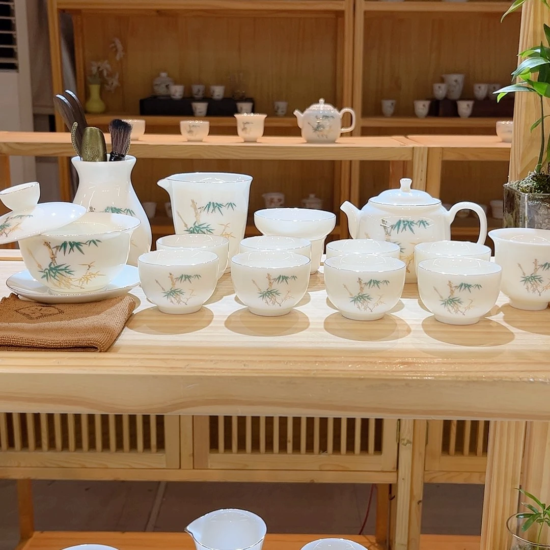 【御瓷斋】羊脂玉瓷金竹报喜套装22头