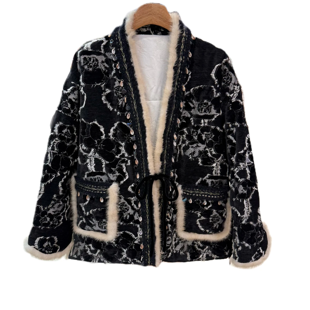 002537新中式貂毛边棉服女宽松型棉服青果领时尚棉衣保暖