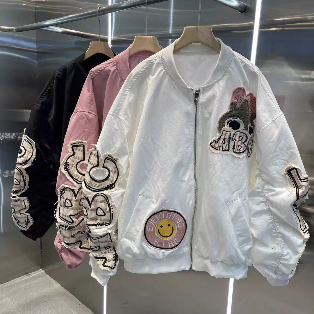 欧货潮牌重工亮片刺绣小猫棒球服外套