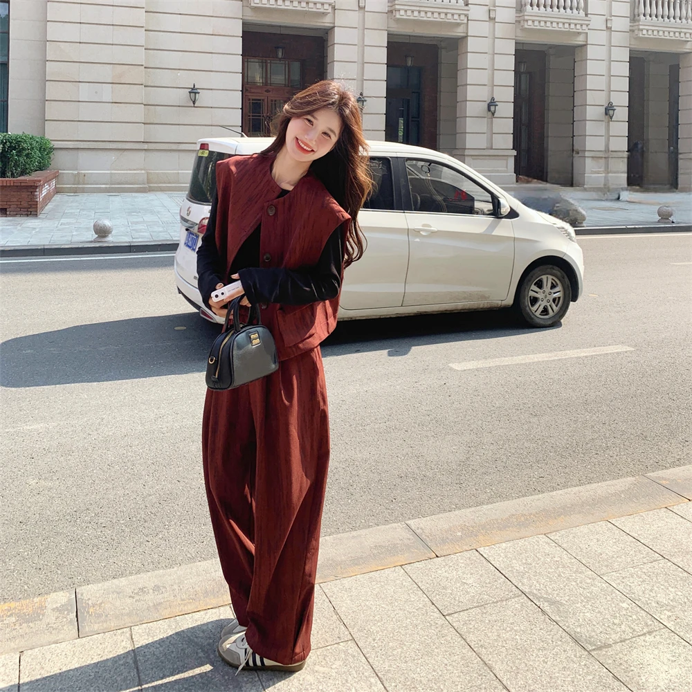 红色小香风马甲套装女春秋韩系流行高级感气质阔腿裤三件套爆款