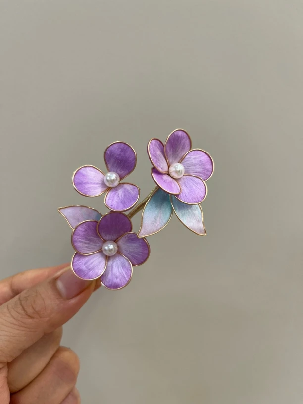 掐丝绒花纯手工发夹古风气质蓝色头饰复古国风发卡发饰非遗弹簧夹