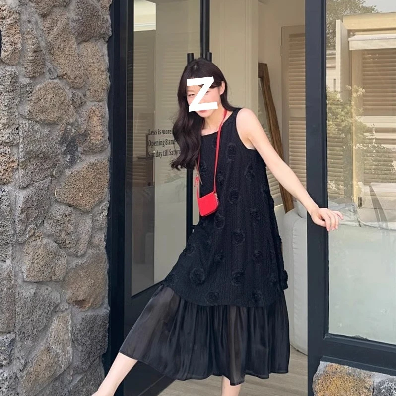 大码胖mm夏季法式复古温柔风假两件百褶无袖背心连衣裙女气质长裙