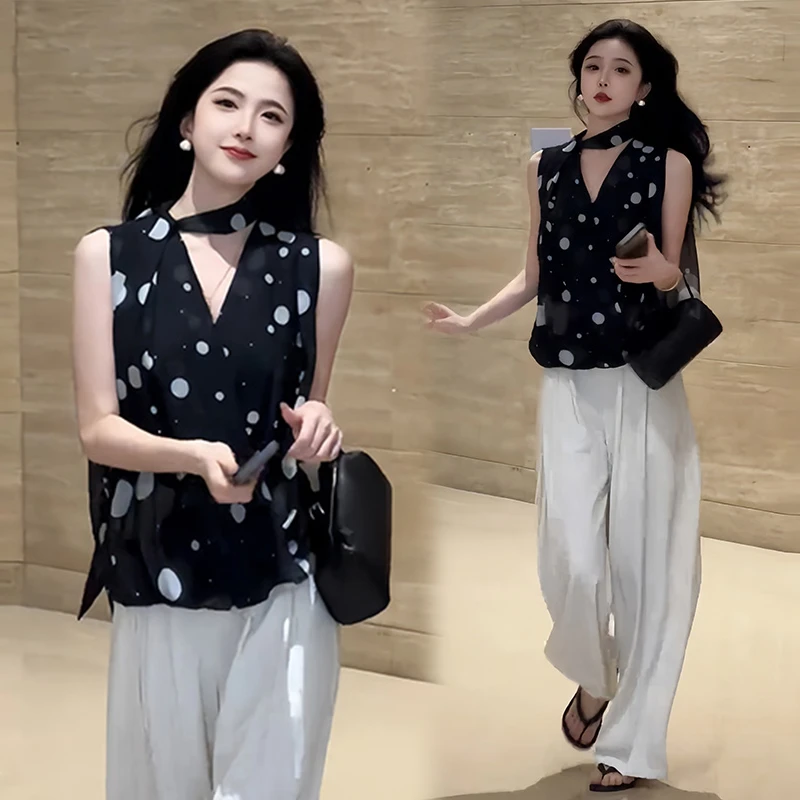法式高级感轻奢波点无袖上衣垂感舒适阔腿长裤女夏季新款时髦套装
