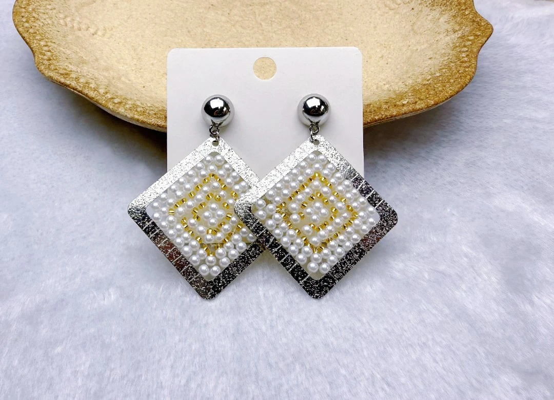 合金玻璃耳饰 合金菱形扇形法式轻奢耳饰气质手工