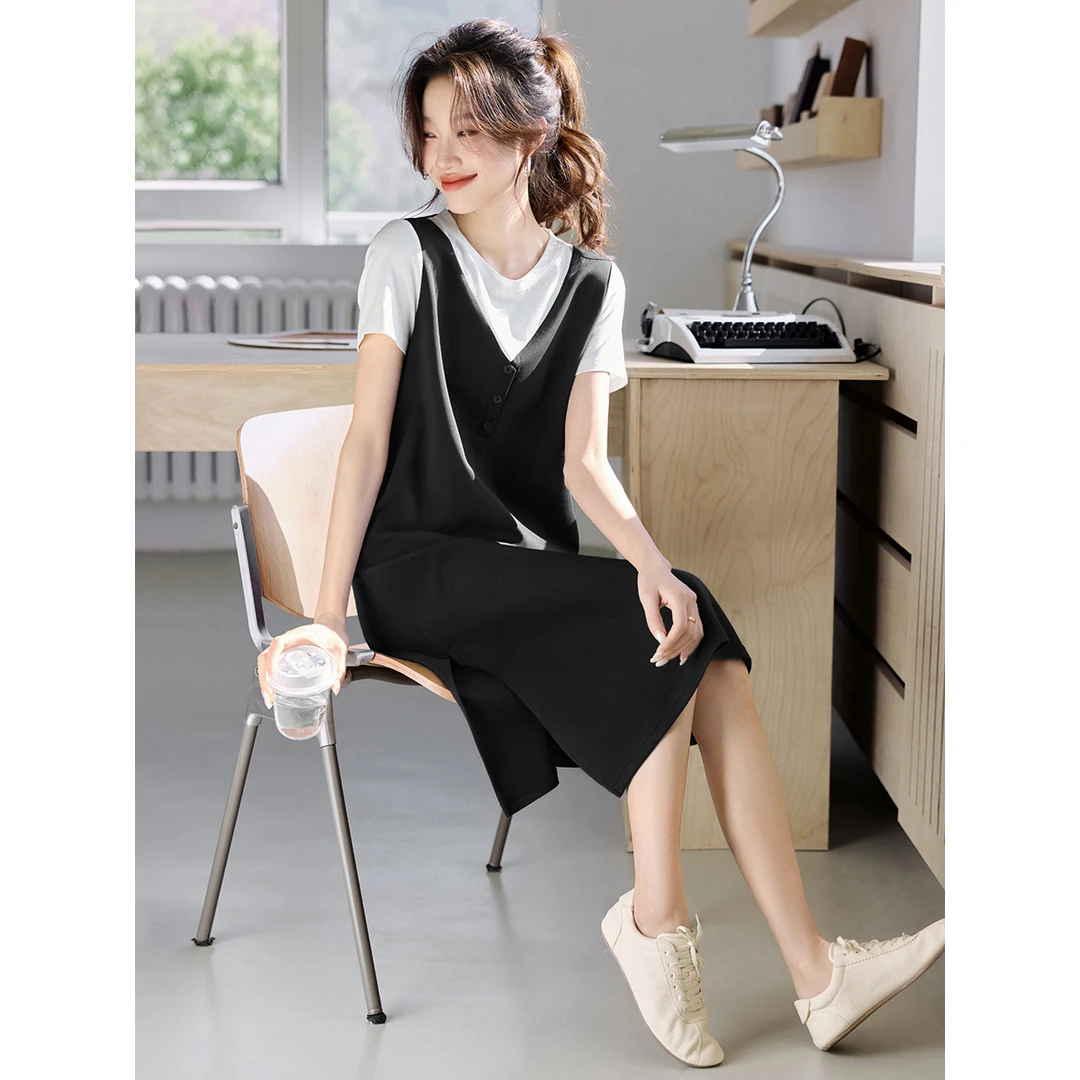 通勤简约撞色拼接假两件裙子25夏季新款设计感显瘦连衣裙