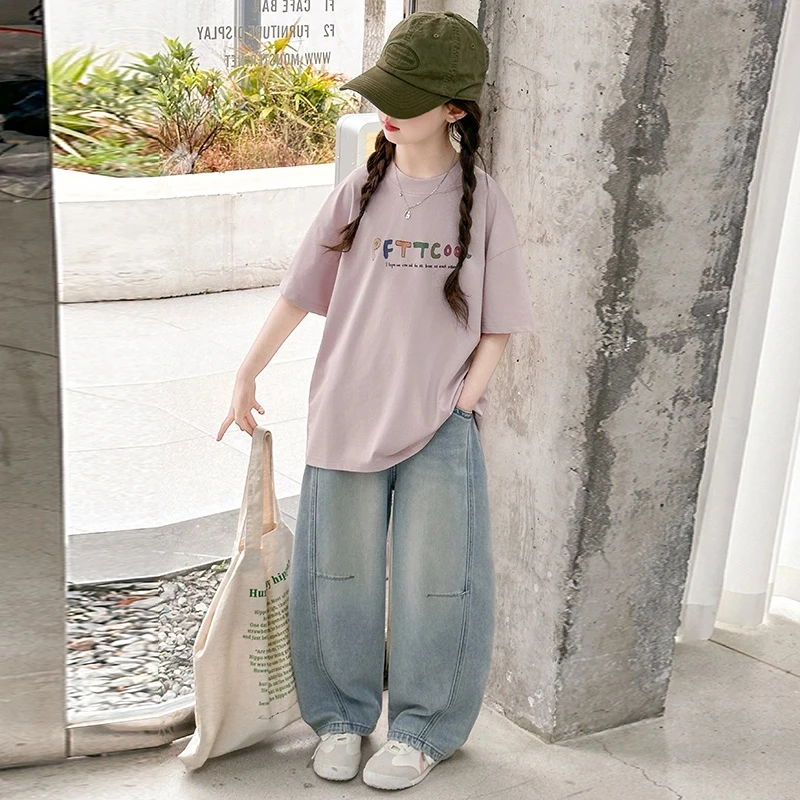 女童夏装时尚T恤套装2025新款6- 12岁15中大童洋气休闲牛仔弯刀裤