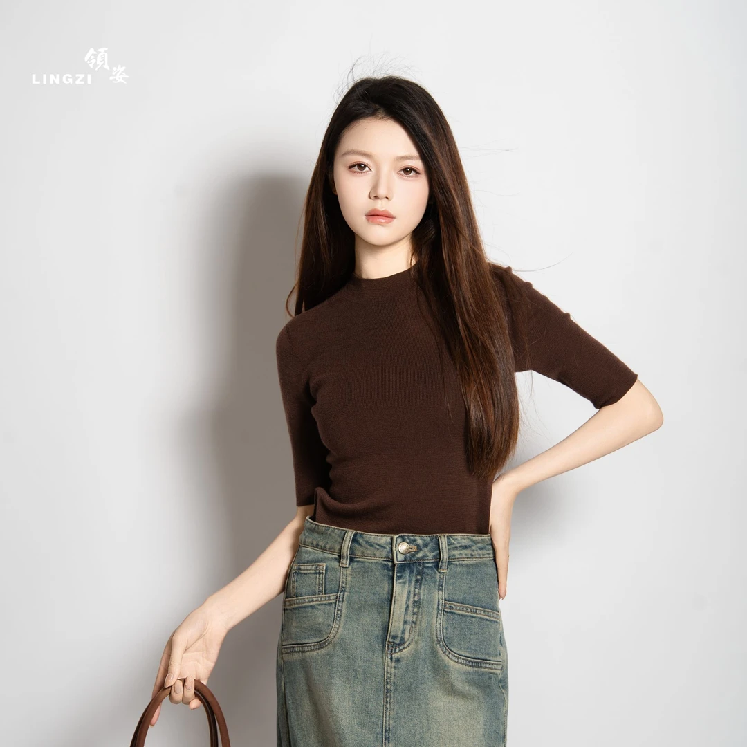 LINGZI/领姿 早秋通勤常规套头款立领纯色中袖毛针织衫741725