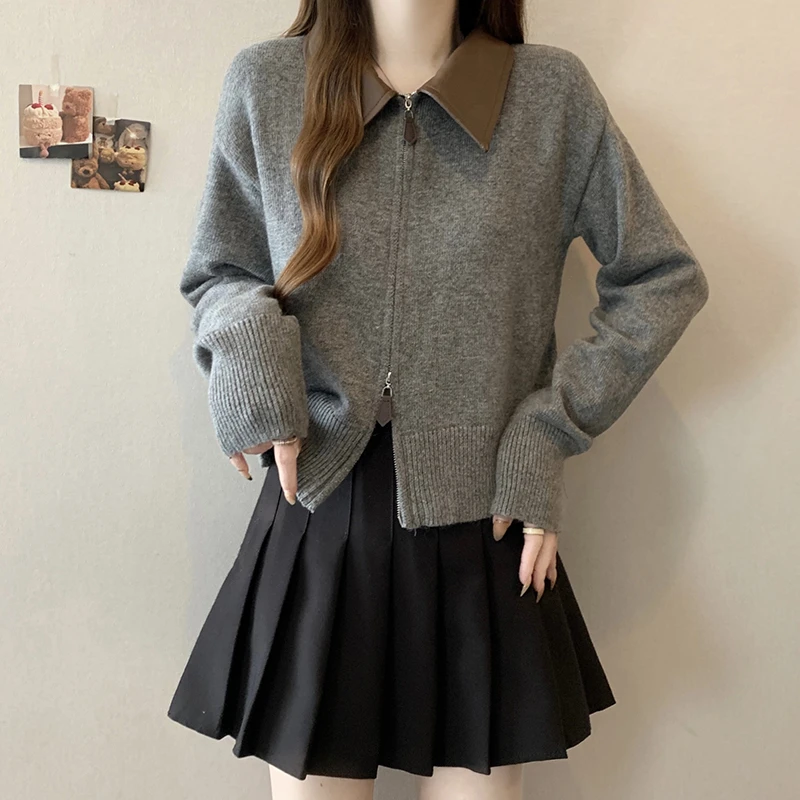 时尚百搭针织拼皮翻领开衫长袖上衣外套潮2025秋装新款胖mm大码女