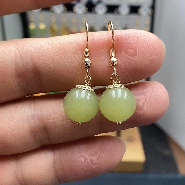 和田玉银S925镀金镶嵌耳饰尺寸12mm