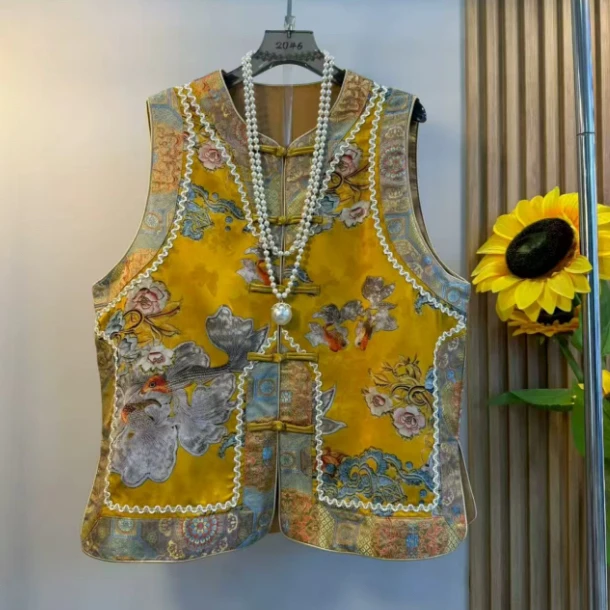 芃9067秋季新款大码女装新中式国风拼接撞色盘扣金鱼复古马夹