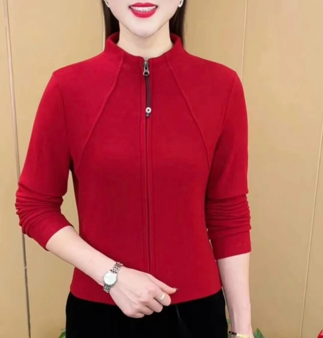 冬季新款时尚洋气纯色拉链开衫精品双面德绒气质显瘦百搭上衣