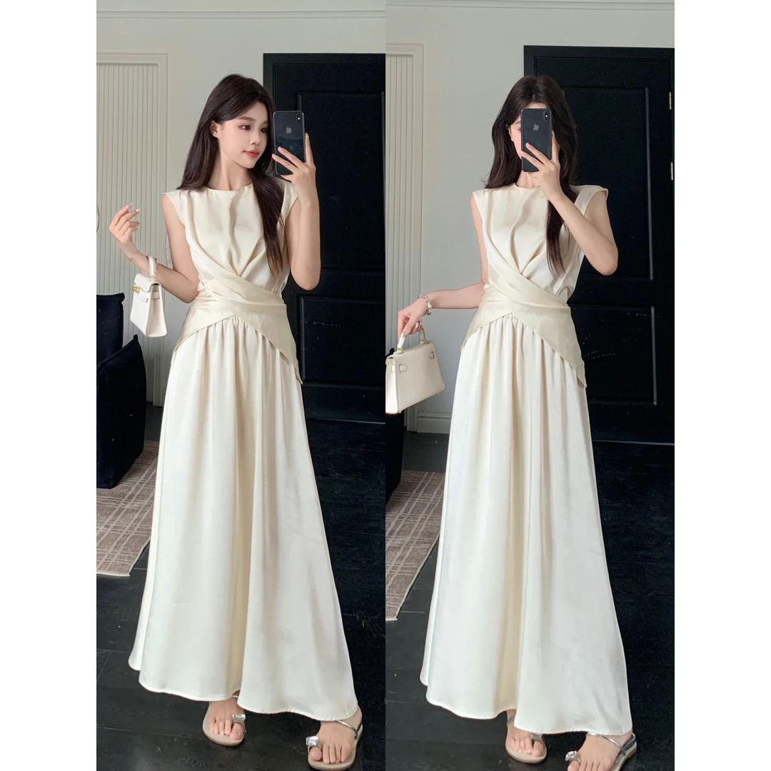 大码人鱼湾法式优雅气质不规则系带缎面上衣大摆半裙套装两件套女