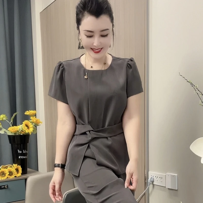洋气时尚套装7896短袖衬衫收腰上衣套装夏季显瘦气质休闲法式