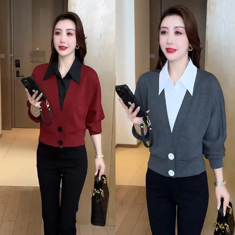 套装女春游财阀千金遮肉显瘦假两件衬衫微喇裤减龄清冷感两件套