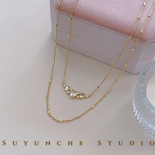 铜合金项链 Suyunche2422绿金色新款质感双层爱心吊坠款项链