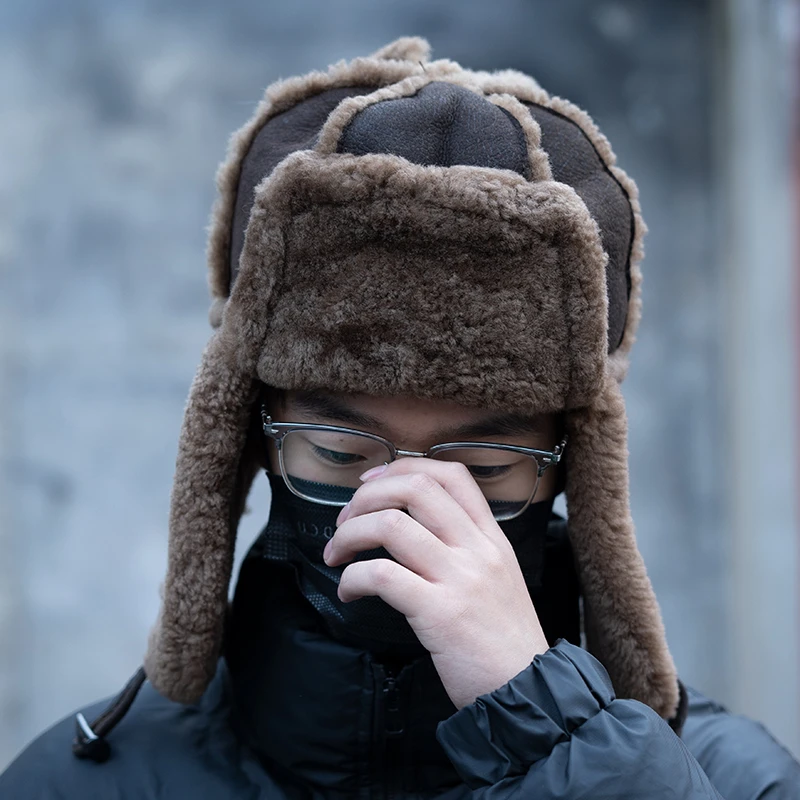 皮毛一体雷锋帽羊皮帽子冬季秋季帽子加厚防风休闲风骑行极简风