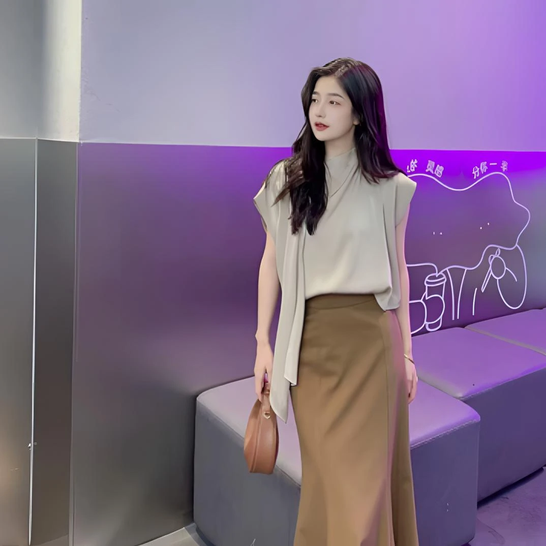 哥弟夏季新款老钱风轻奢时髦气质飘带领蝙蝠袖显瘦衬衫1300963