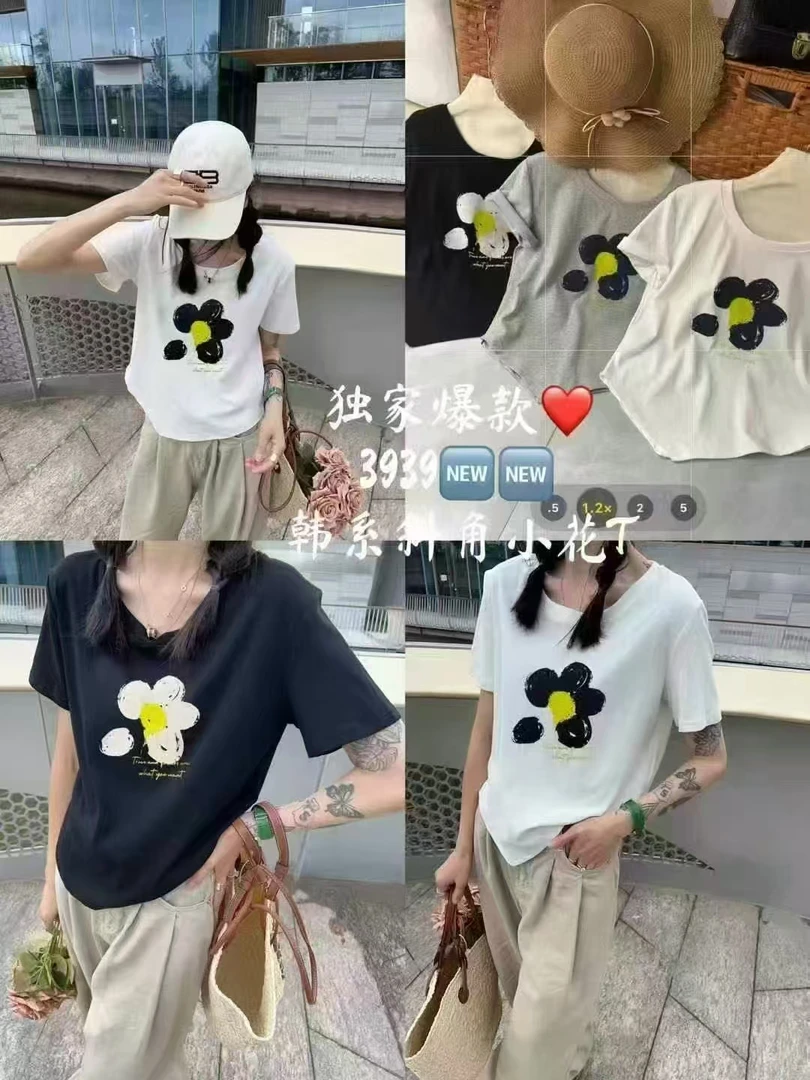 【靓衣园】时尚圆领高端花朵印花减龄百搭显瘦短袖（25-27）