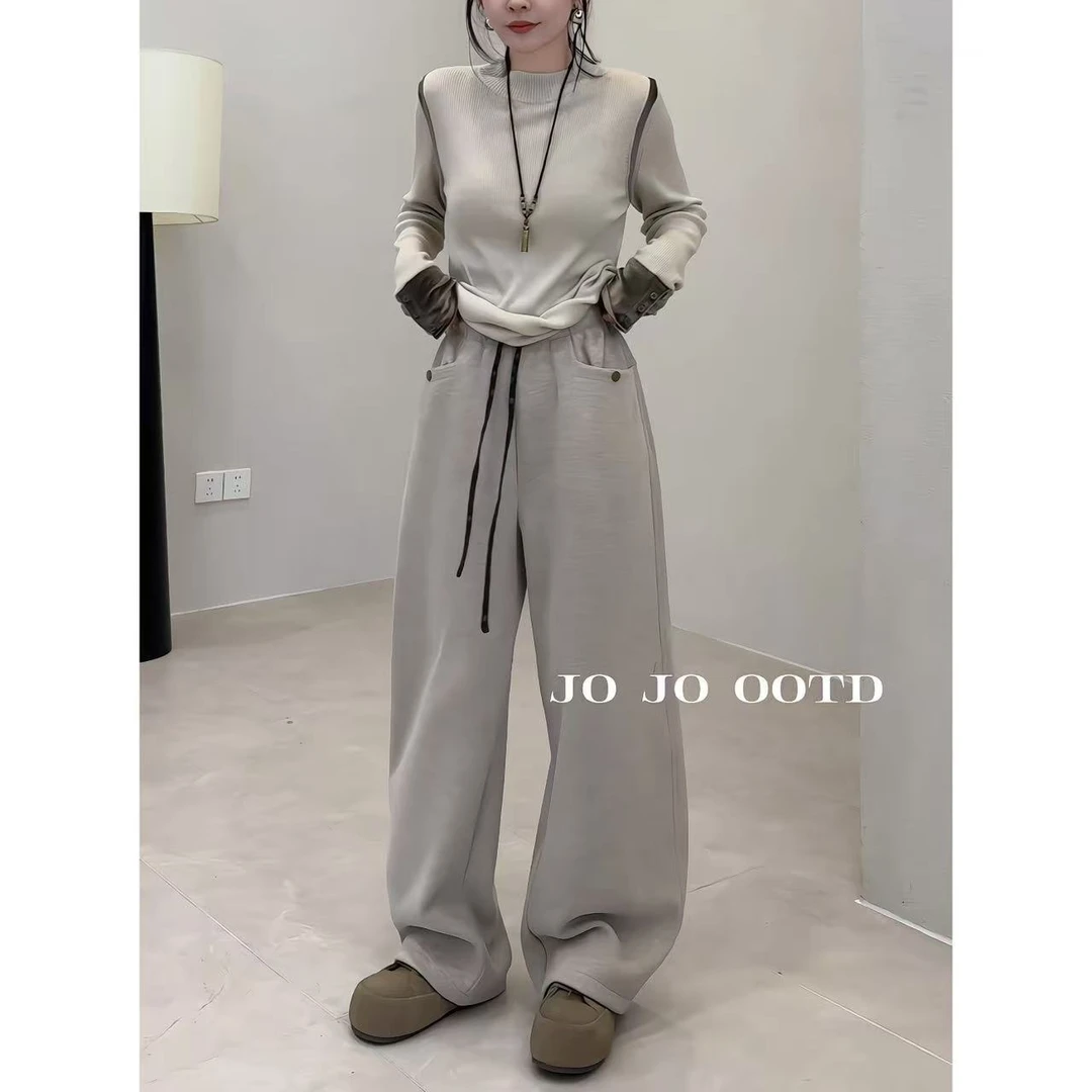 玖玖 2025冬季新款加绒加厚一字口袋百搭毛呢裤休闲裤 2511C8152