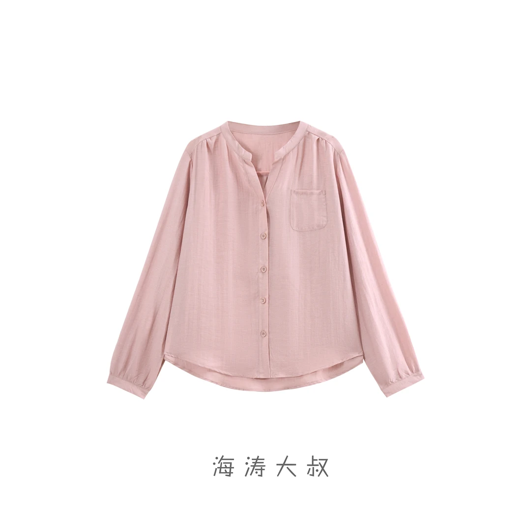 【海涛大叔】「日沐色调」小V领棉麻薄款弧边衬衫