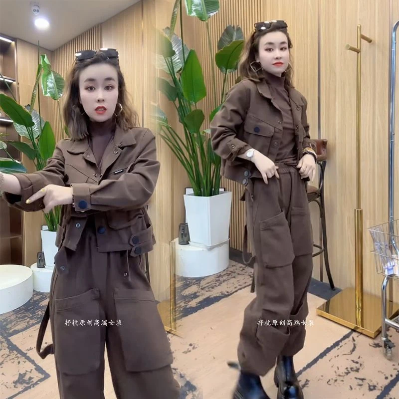 牛仔套装女2025秋季新款欧货洋气工装风长袖短款外套收脚裤两件套