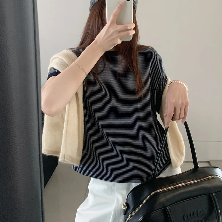 top.yuelan约澜961条纹T恤女2025早秋款圆领短袖正肩高弹上衣百搭