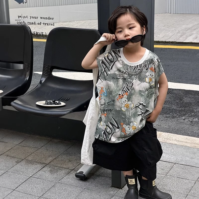 男童夏装纯棉t恤2025新款中小儿童男孩夏季薄款彩绘上衣无袖背心