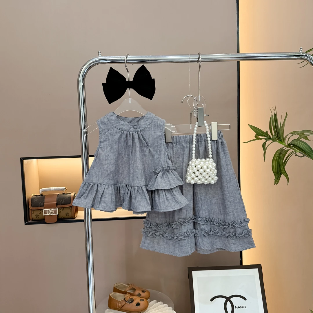 韩版女童荷叶边上衣阔腿裤套装洋气薄款夏季时髦百搭女宝