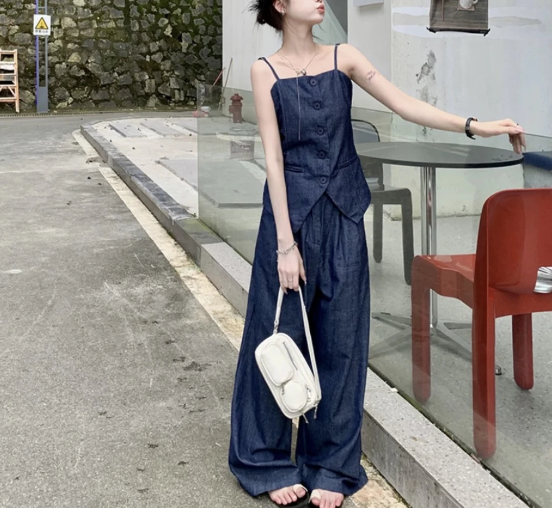 k22法式复古高级感牛仔吊带马甲+高腰休闲阔腿裤套装女