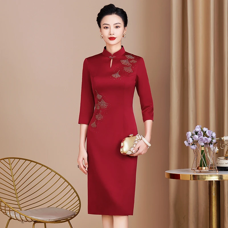 5907高贵大气优雅酒红女儿结婚喜婆婆婚宴装洋气中式旗袍礼服夏季