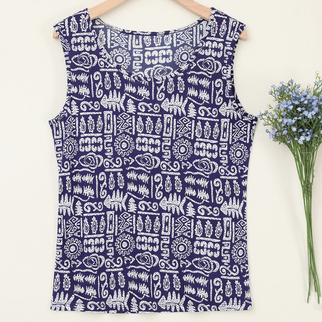 LANZIBES/蓝之蓓真丝42针印花薄款透气休闲桑蚕丝无袖上衣B3320