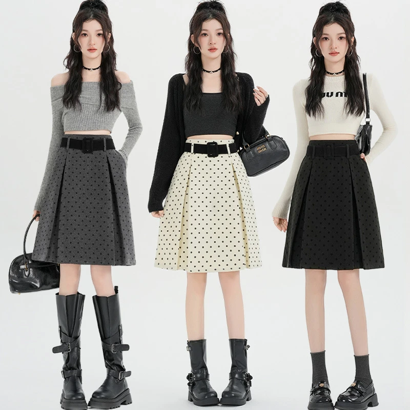 灰色复古小众系波点毛呢a字半裙女秋冬2025新款学院风压褶中裙