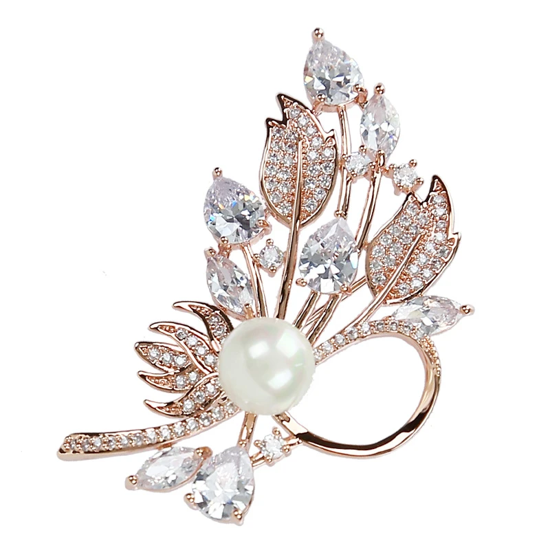合金胸针 精美轻奢叶子珠花胸针百搭别针珍珠衣服西装精致防走光