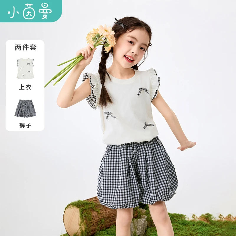 【套装】小茵曼女宝套装洋气2025夏时尚儿童休闲印花圆领短袖短裤