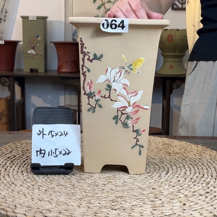 紫砂花盆 放漏白玉段彩绘四方签筒064