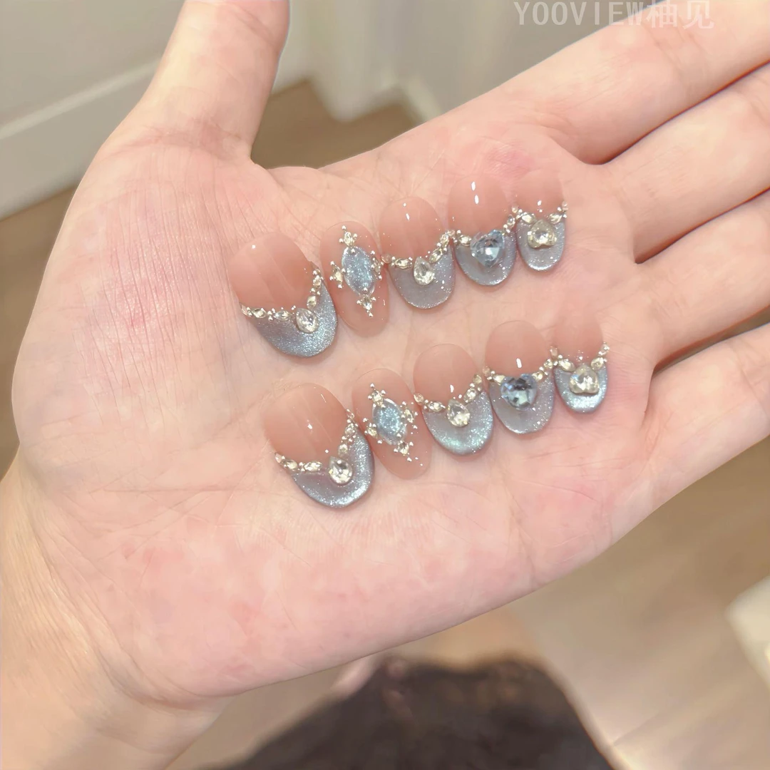 高级感美甲穿ins风高级感穿戴甲甲片猫眼清冷纯手工穿戴甲蓝色