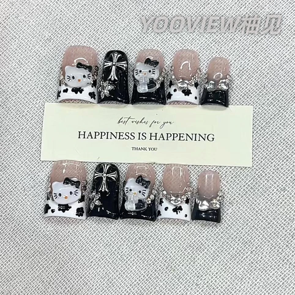 高级感穿戴甲奈姿纯手工穿戴甲新款短鸭嘴款牛奶风KT锆石绘画美甲