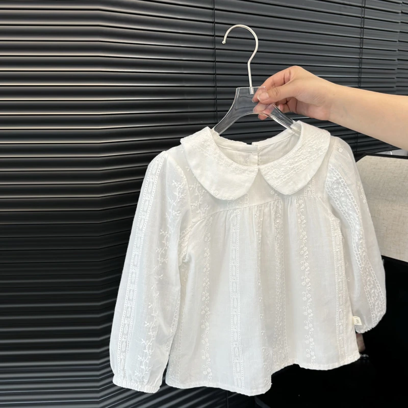 女童小女孩新款纯棉衬衣衬衫春秋长袖刺绣翻领蕾丝春秋儿童长袖