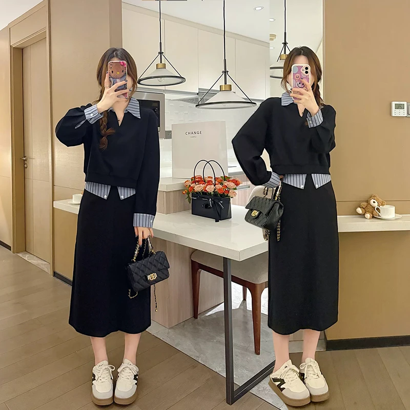 秋季新品条纹拼接V领上衣+半身裙两件套装#6108