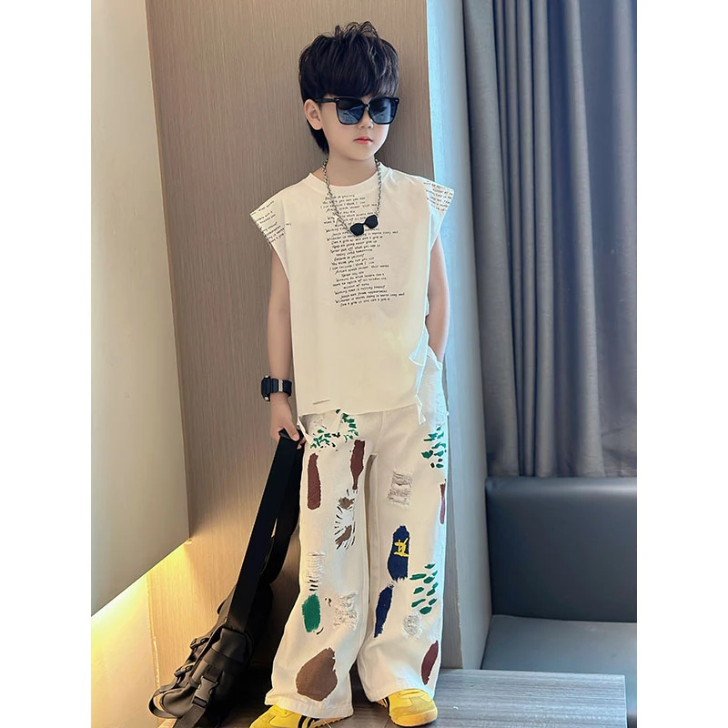 男童夏季时尚百搭休闲手绘涂鸦破洞直筒裤薄款宽松炸街中大童长裤