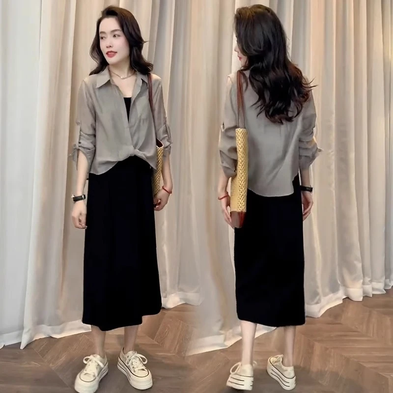 La babite时尚连衣裙套装夏季新款小个子一整套衬衫吊带裙两件套