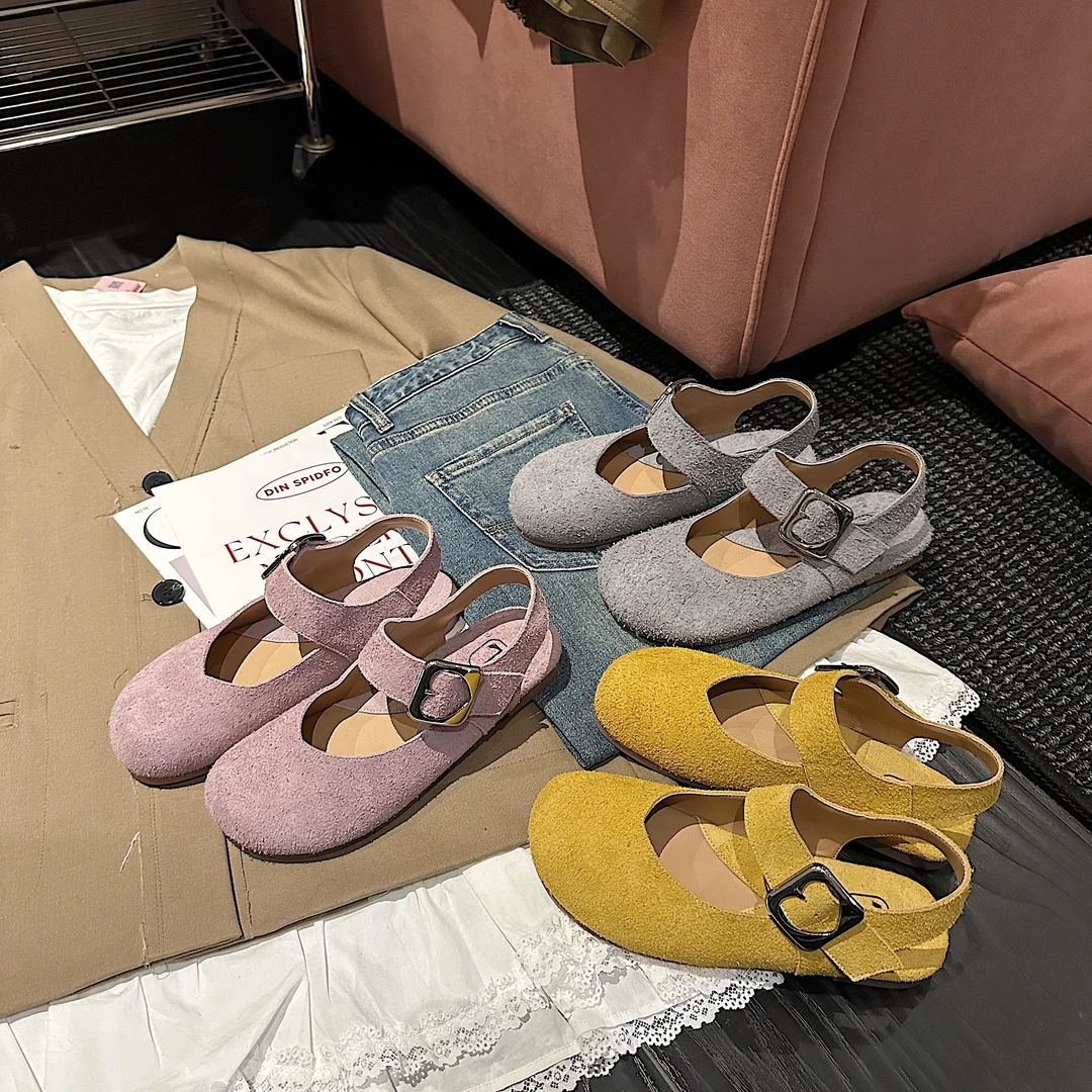 TS单鞋女2025春季新款时尚复古透气百搭复古圆头休闲纯色勃肯鞋女