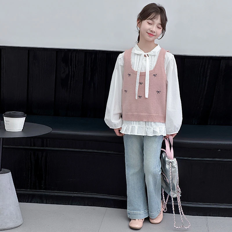 女童套装春秋季2025新款韩系学院风儿童针织马甲长袖衬衫百褶短裙