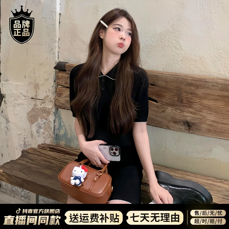 小个子黑色娃娃领连衣裙子女早秋2025新款法式设计感包臀短裙套装