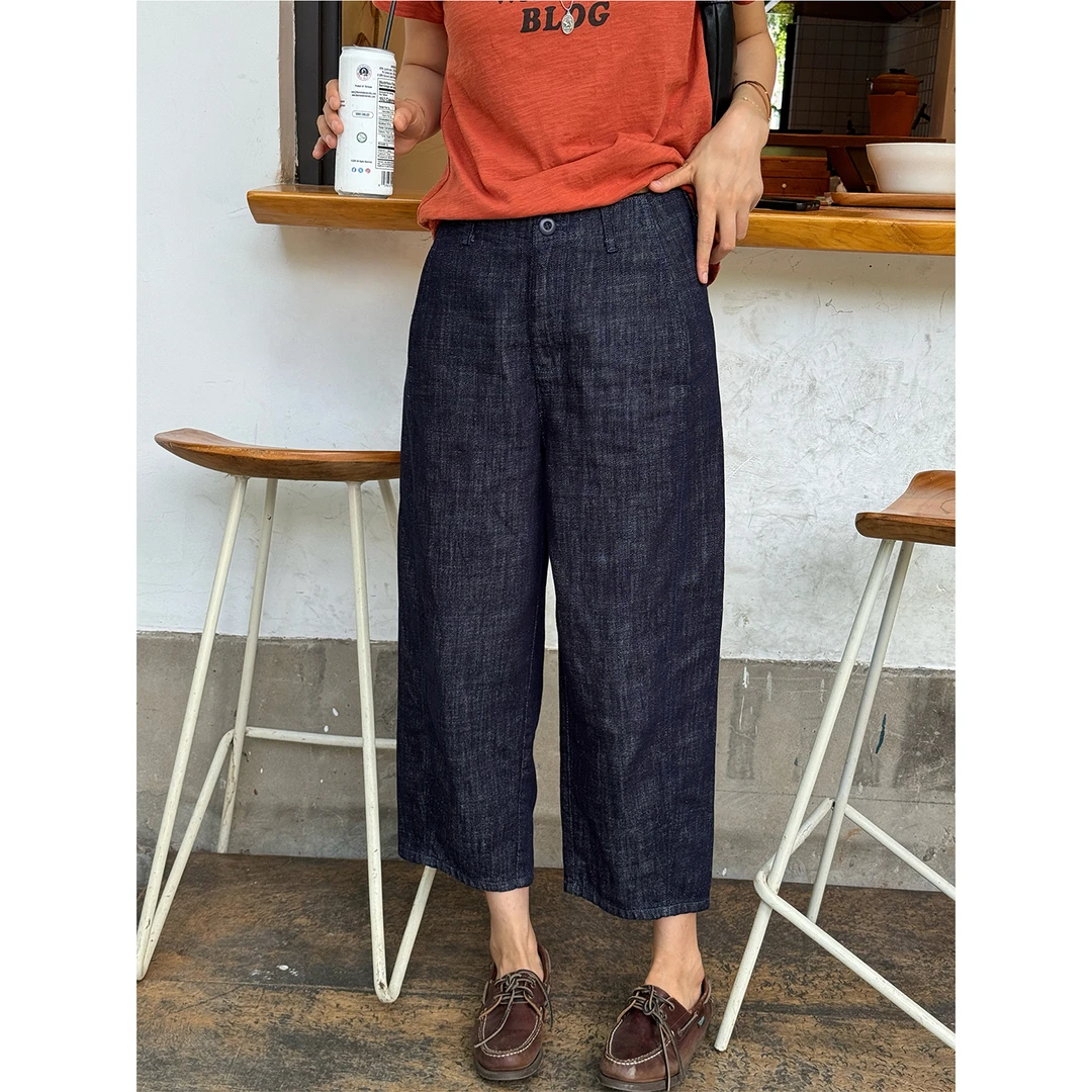 LANGQING 藏青色阔腿宽松九分裤棉麻混纺直筒牛仔裤45357/45534#