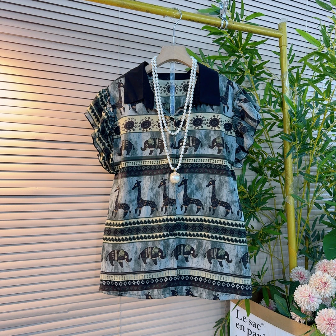 859胖mm欧货时尚拼色翻领荷叶袖复古设计感遮肉显瘦百搭衫