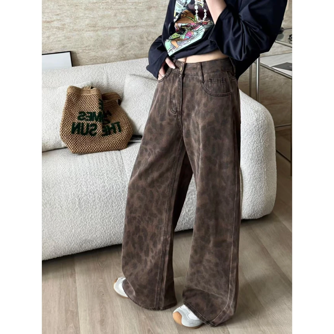 SP【荒野猎人】 水洗豹纹牛仔裤女秋冬长裤宽松显瘦拖地裤