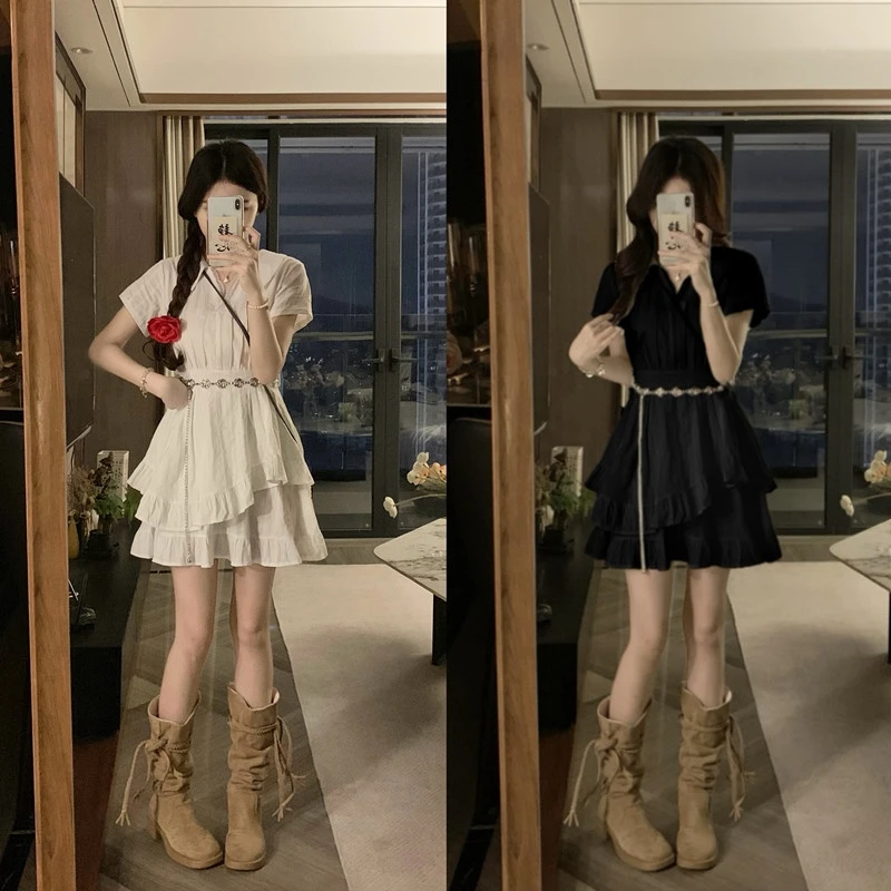 大码白色短袖衬衫连衣裙女夏季感气质胖mm收腰显瘦a字短裙子